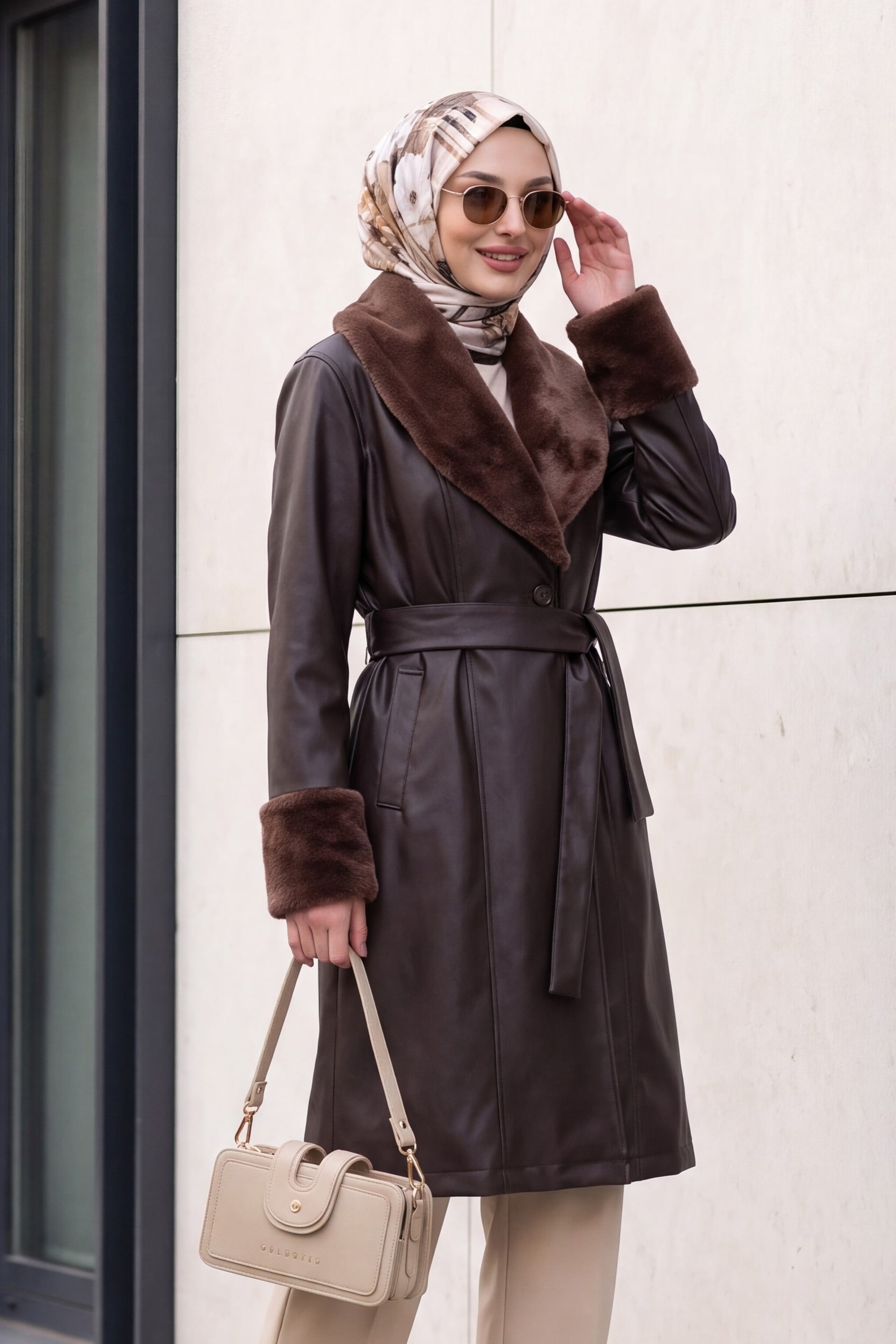 Faux Fur Collar Faux Leather Coat - Brown - Bigdart - by Peralane - photo 2