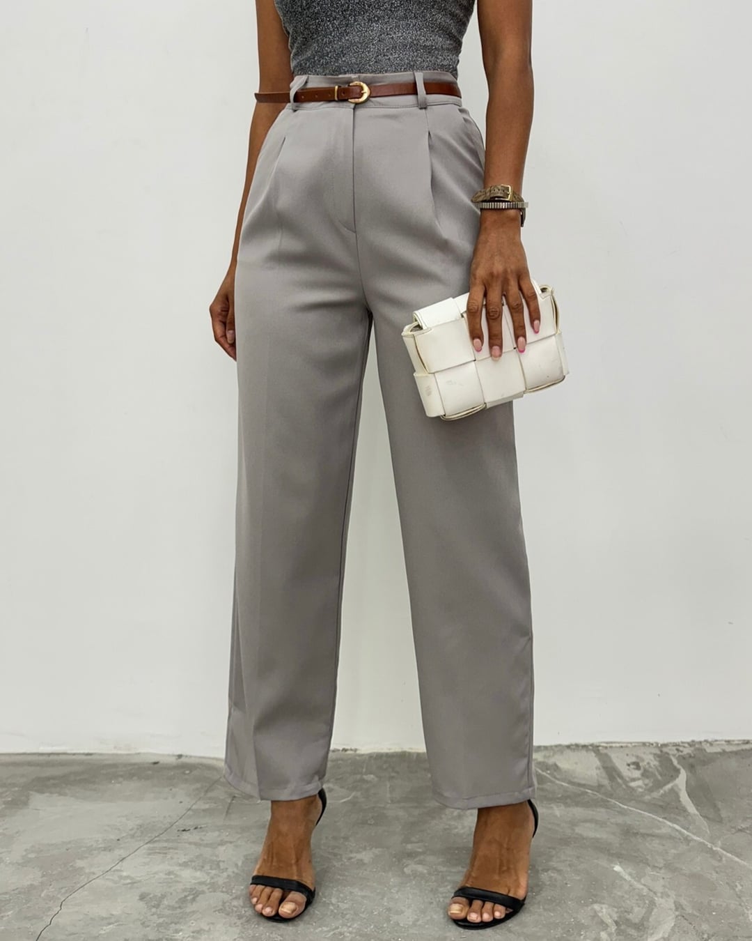 Slim Belt Pleated Wide Leg Trousers - Grey - Podyumplus - by Peralane - photo 6