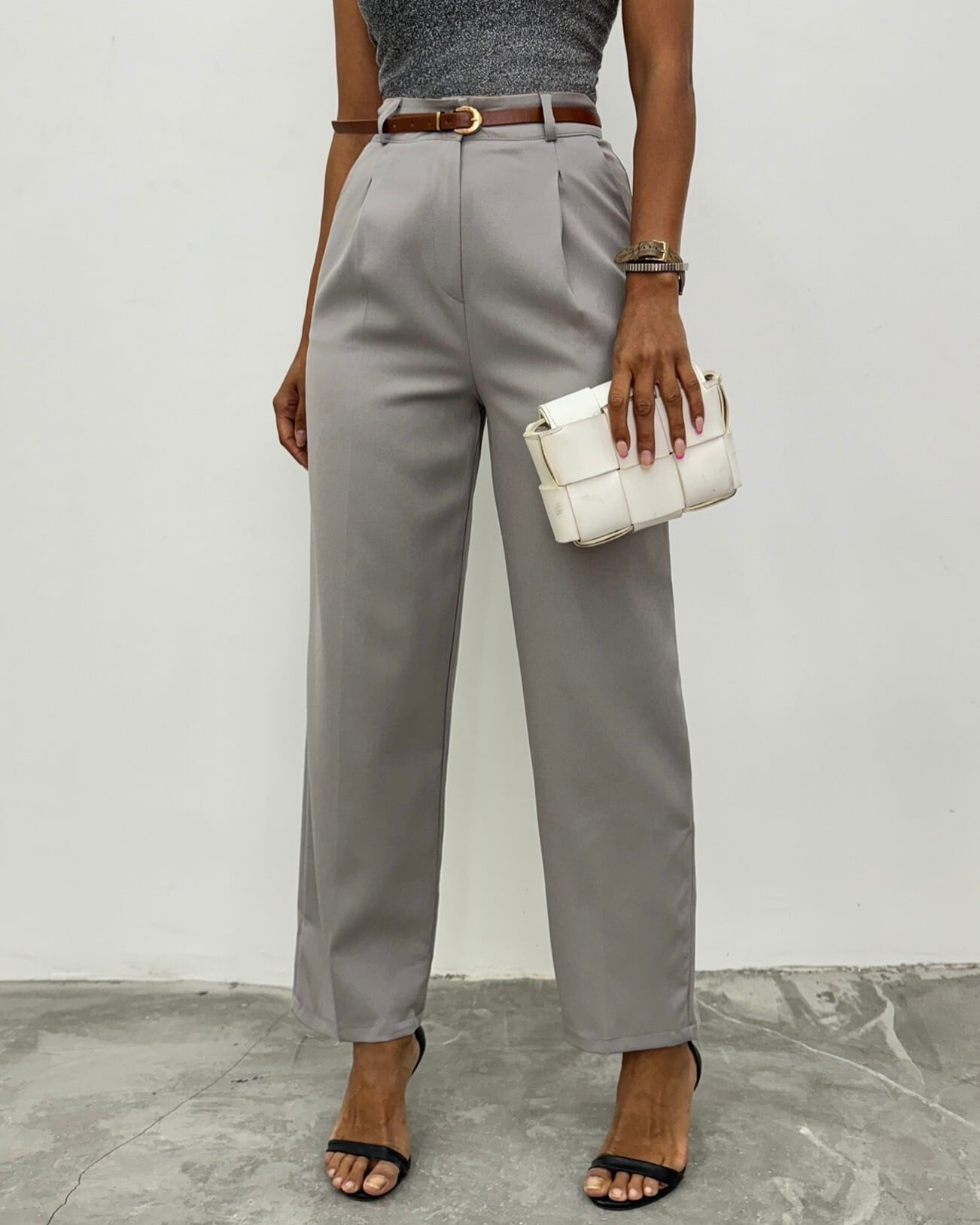 Slim Belt Pleated Wide Leg Trousers - Grey - Podyumplus - by Peralane - photo 6