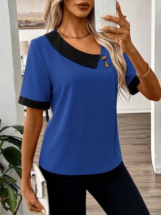 Women's Short Sleeve Asymmetric Collar Buttoned Blouse - Janes - by Peralane - photo 2