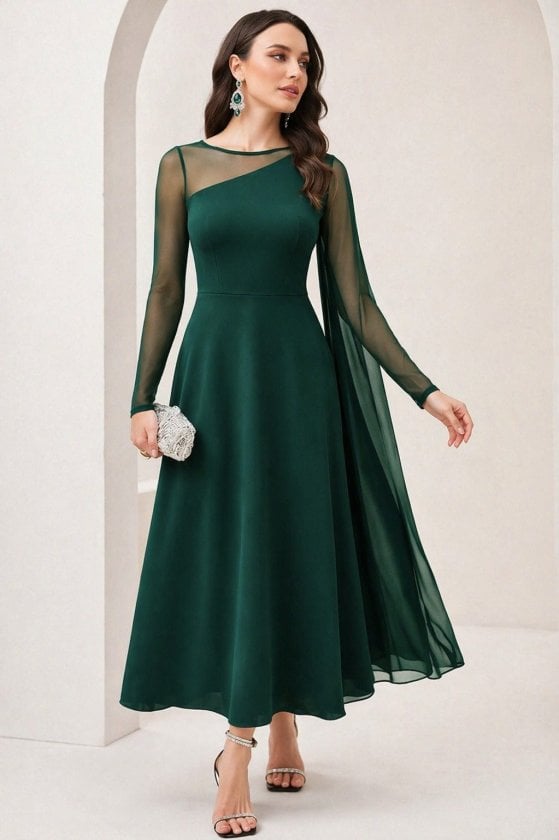 Women's Long-Sleeved Asymmetrical Neckline Chiffon Detail Long Dress - Janes - by Peralane