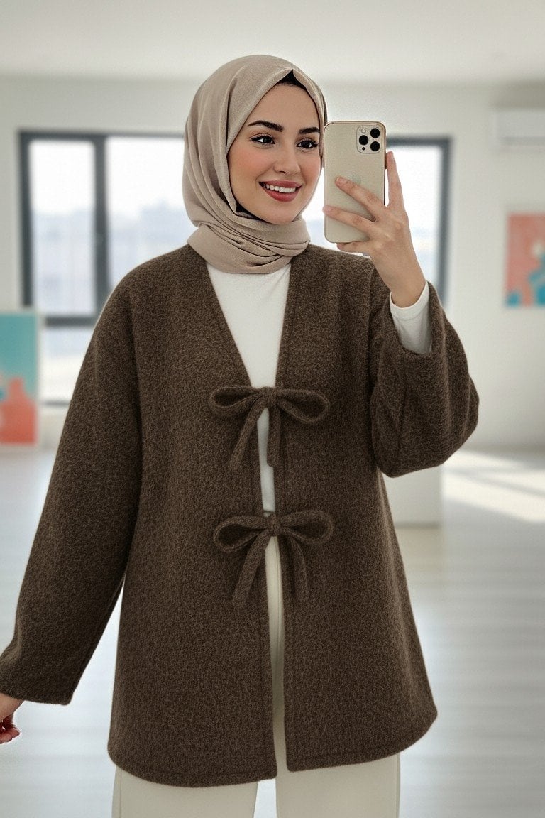 Womens Brown Tie-Front Tassel Kimono Cardigan - Podyumplus - by Peralane