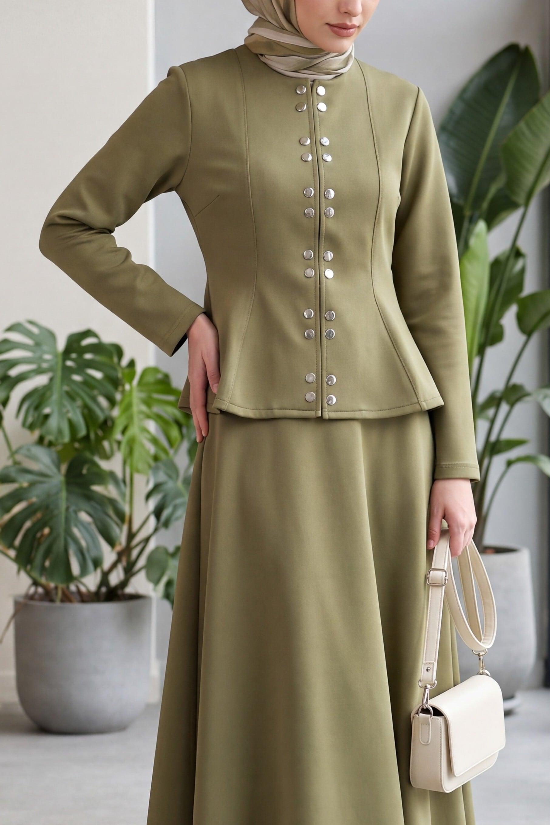 Women's Scuba Two-Piece Set with Peplum Jacket and Flared Skirt in Olive Green - Podyumplus - by Peralane