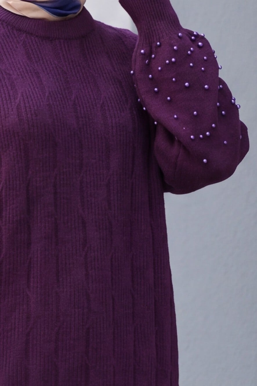 Beaded Sleeve Relaxed Knit Tunic - Purple - Podyumplus - by Peralane - photo 7