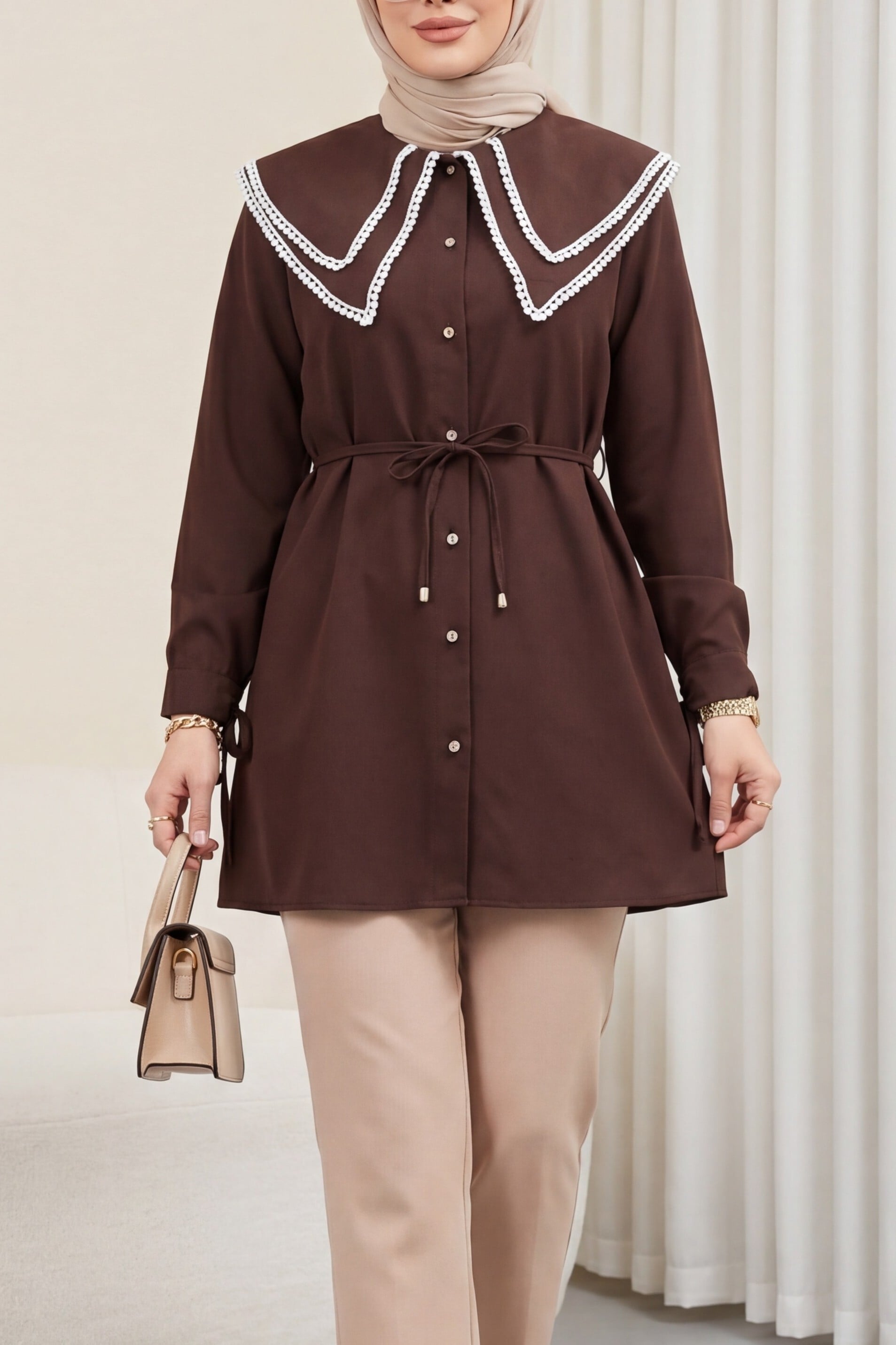Lace Collar Poplin Tunic with Tie Belt and Cuffs - Brown - Podyumplus - by Peralane