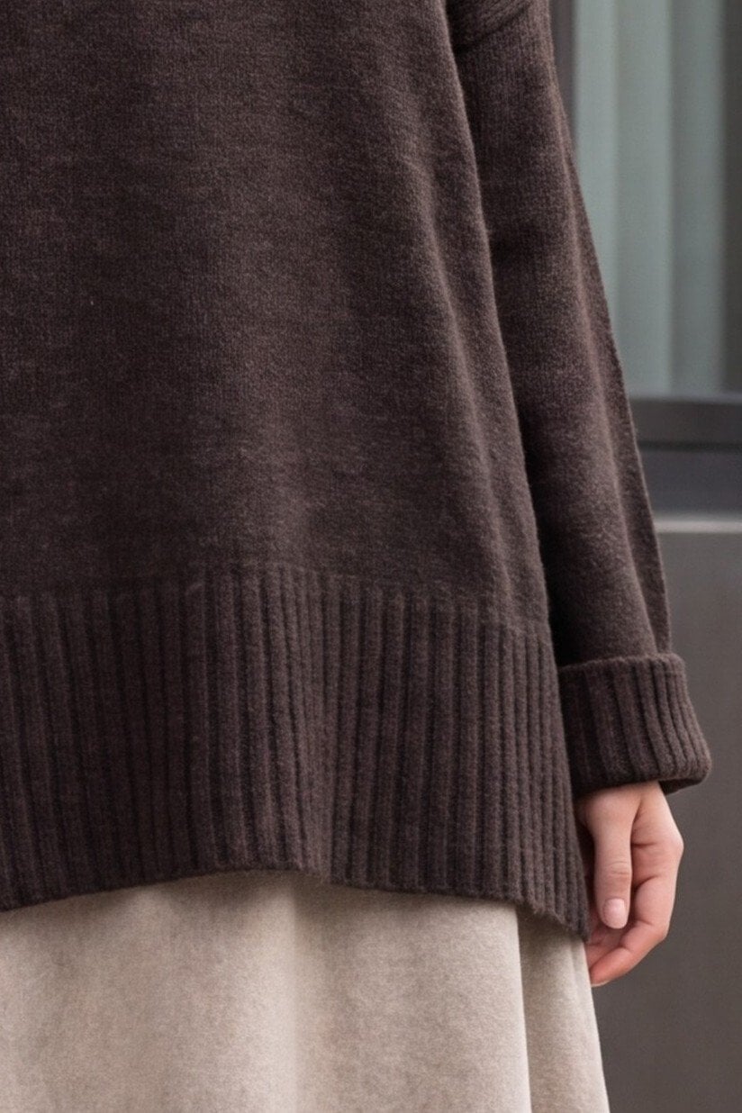 Crew Neck Ribbed Hem Oversized Knit Tunic - Dark Brown - Podyumplus - by Peralane - photo 7