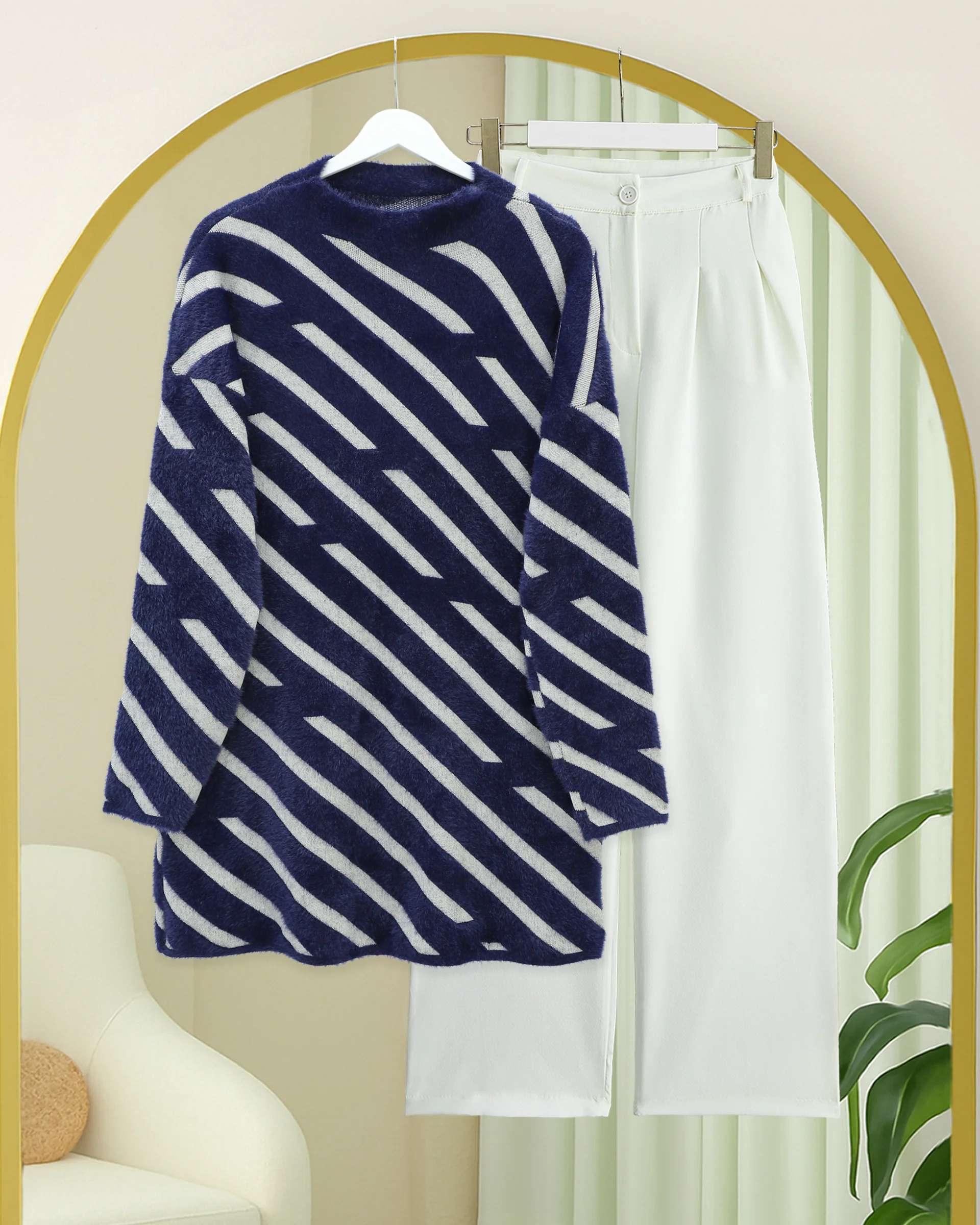Navy Blue Side Stripe Slouchy Knit Sweater - Podyumplus - by Peralane - photo 6