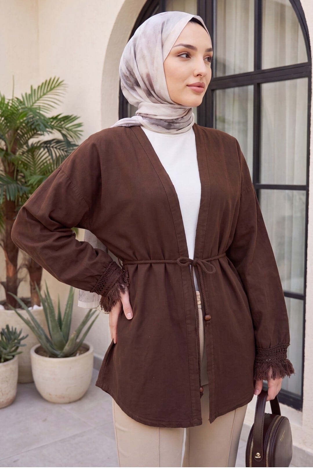Fringed Belted Linen Kimono - Brown - Podyumplus - by Peralane - photo 13