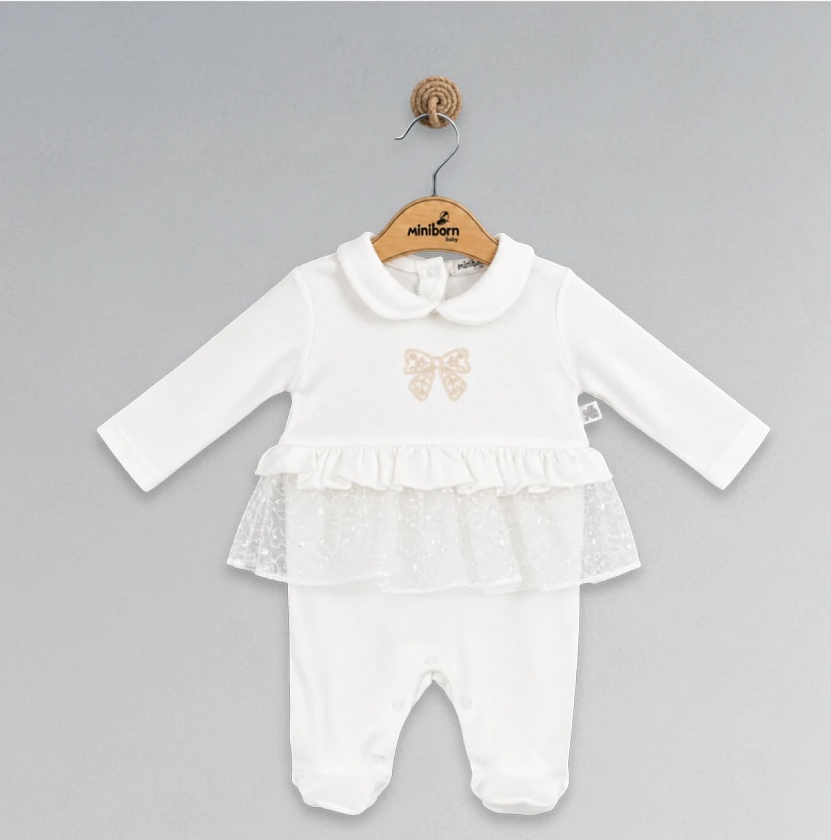 Baby Girls' Off-White Footed Romper with Tulle Ruffle Overlay and Bow Motif, Pack of 3 - Miniborn - by Peralane