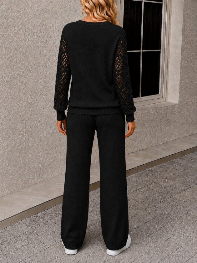 Women's Long Sleeve V-Neck Knit Sweater and Wide-Leg Trousers Set - Janes - by Peralane - photo 3