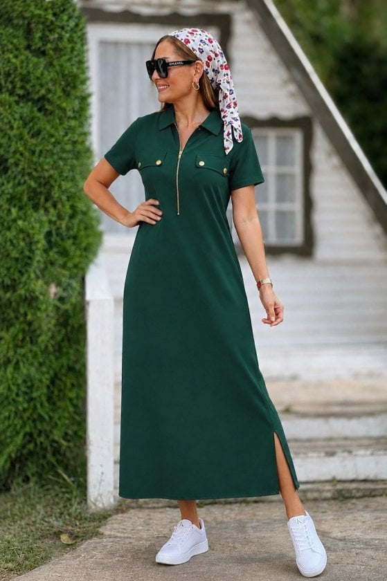Women's Short Sleeve Collared Zipper Long Viscose Two-Thread Dress in Dark Green - Janes - by Peralane - photo 2