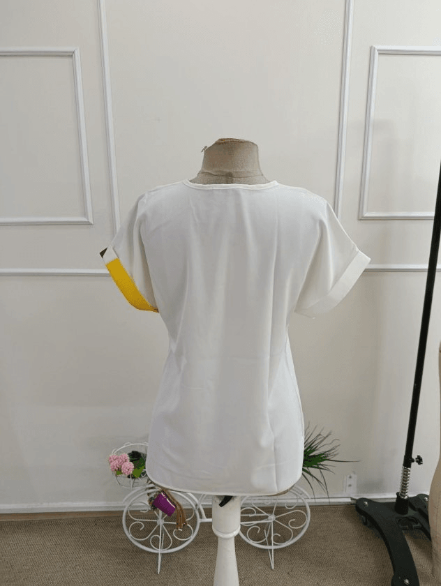 Women's Short Sleeve V-Neck Buttoned Patterned Satin Blouse - Janes - by Peralane - photo 6