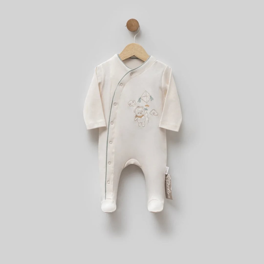 Baby Romper with Bear Kite Embroidery - Cream - Flexi Baby - by Peralane