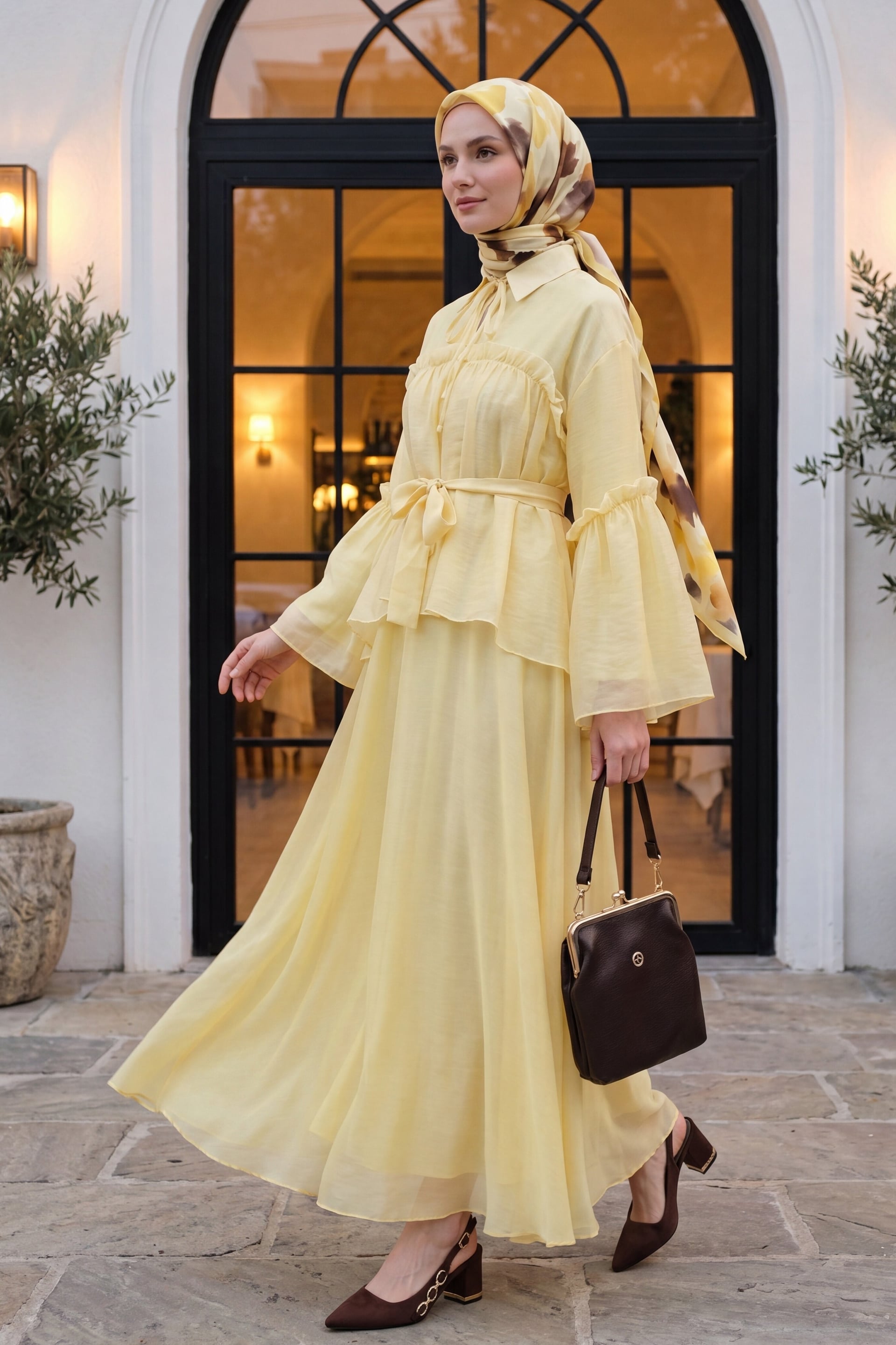 Tie-Neck Ruffle Trimmed Lined Belted Tulle Voile Dress - Yellow - Podyumplus - by Peralane
