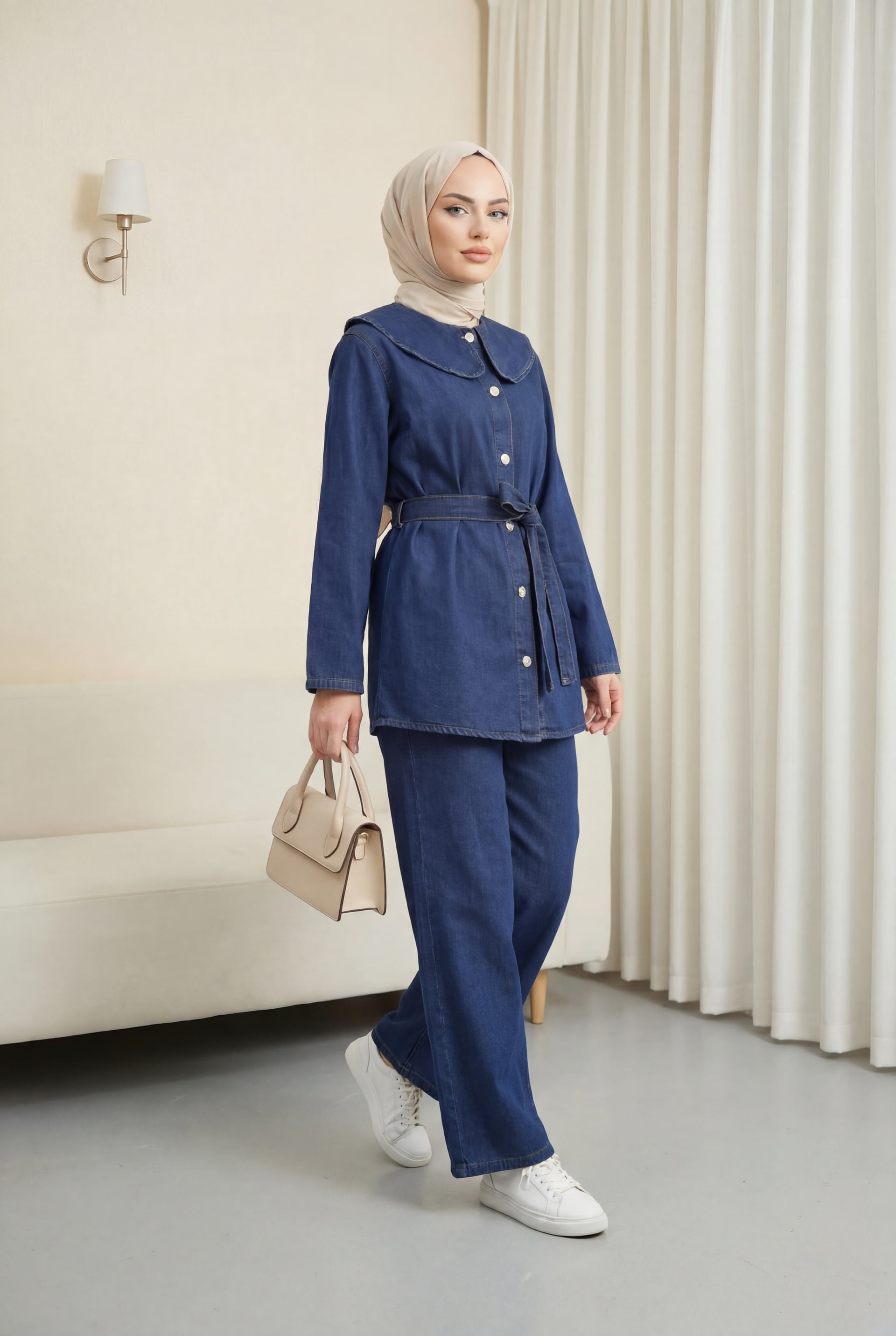Baby Collar Tie-Waist Button-Front Denim Trouser Set - Navy - Podyumplus - by Peralane - photo 5