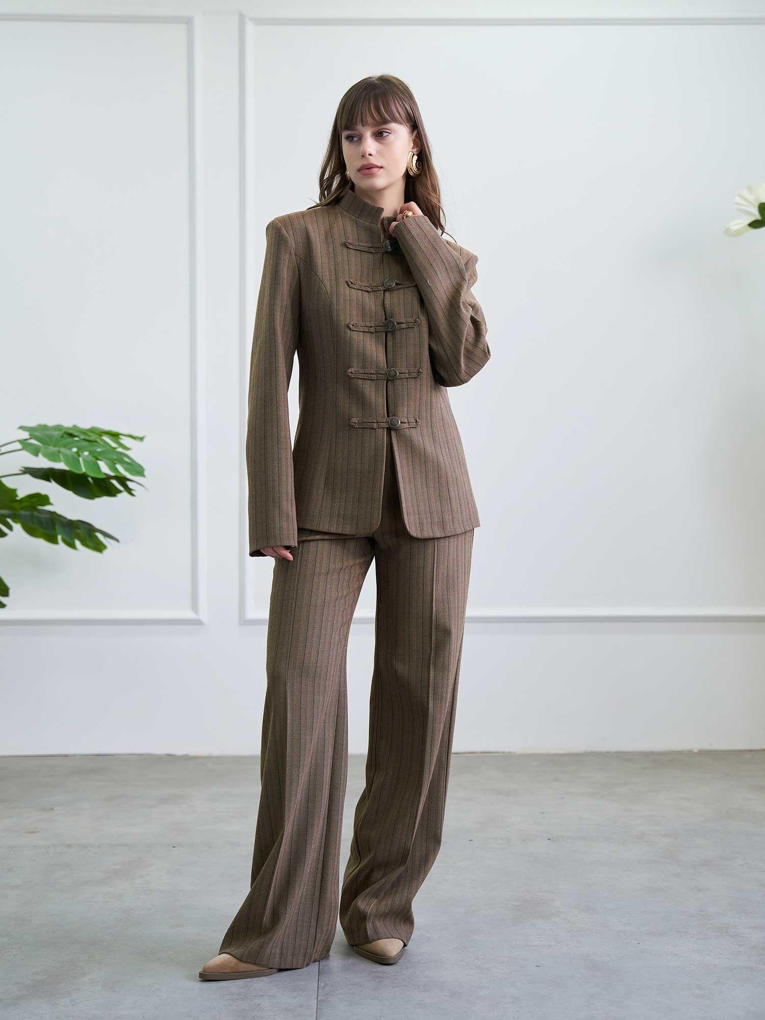 Brown Mandarin Collar Jacket and Wide-Leg Trousers Co-ord Set - Lefon - by Peralane - photo 7