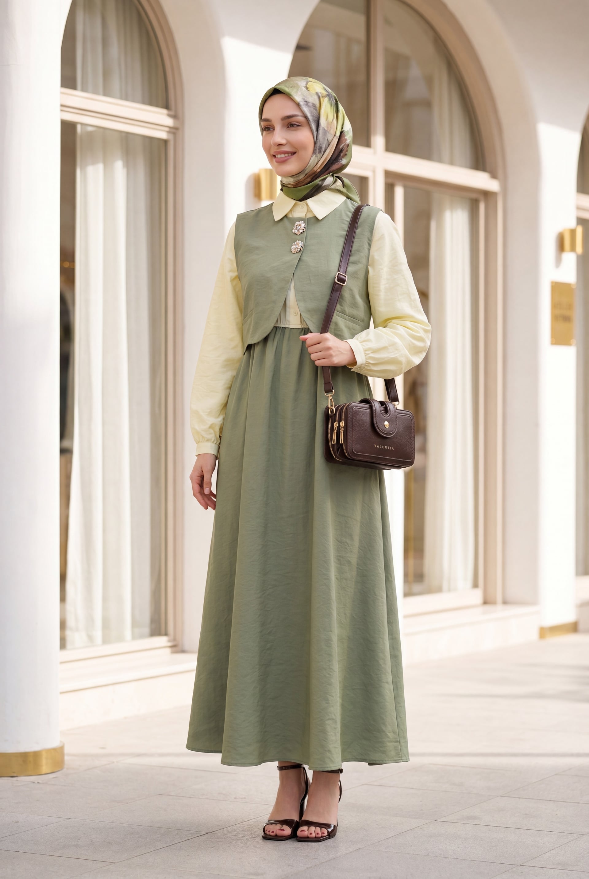 Snap Mini Vest Long Sleeve Modal Maxi Dress with Half Button - Pale Green - Podyumplus - by Peralane - photo 2