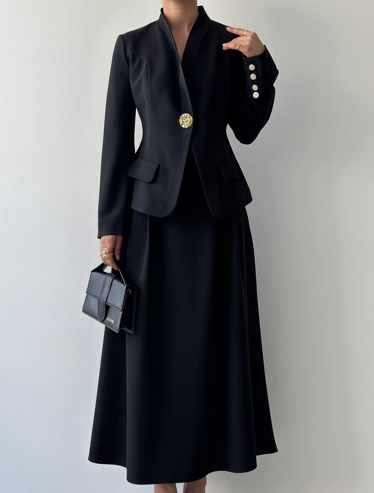 Black Satin Blazer with Flap Pockets and Gold Button - Etika - by Peralane - photo 2