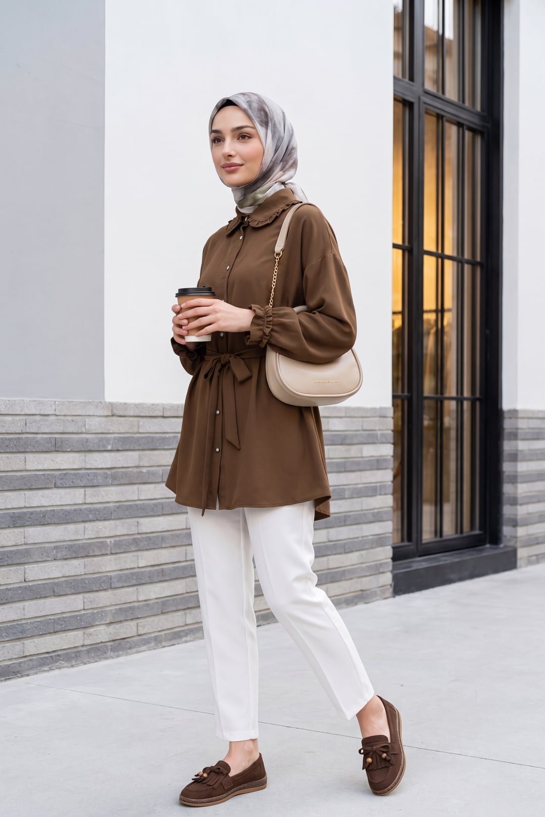 Stone Button Bow Peter Pan Collar Imported Crepe Tunic - Brown - Podyumplus - by Peralane - photo 2