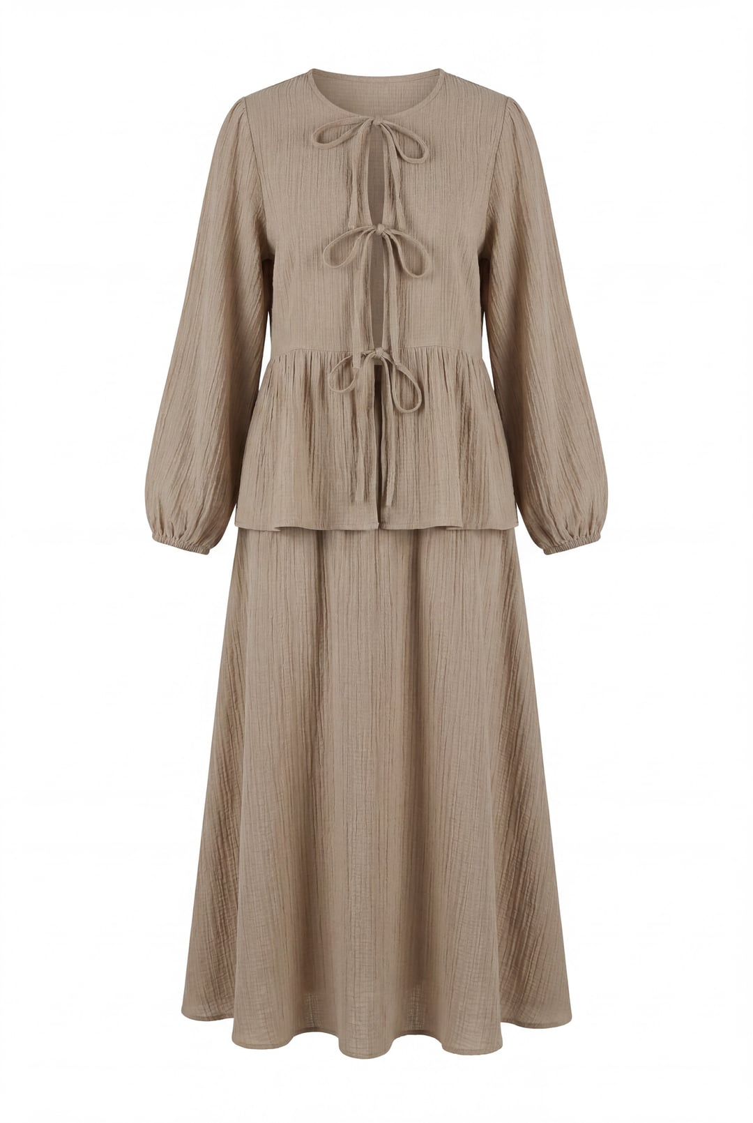 Tie-Front Long-Sleeve Crinkle Blouse and Skirt Set - Mink - Podyumplus - by Peralane - photo 5