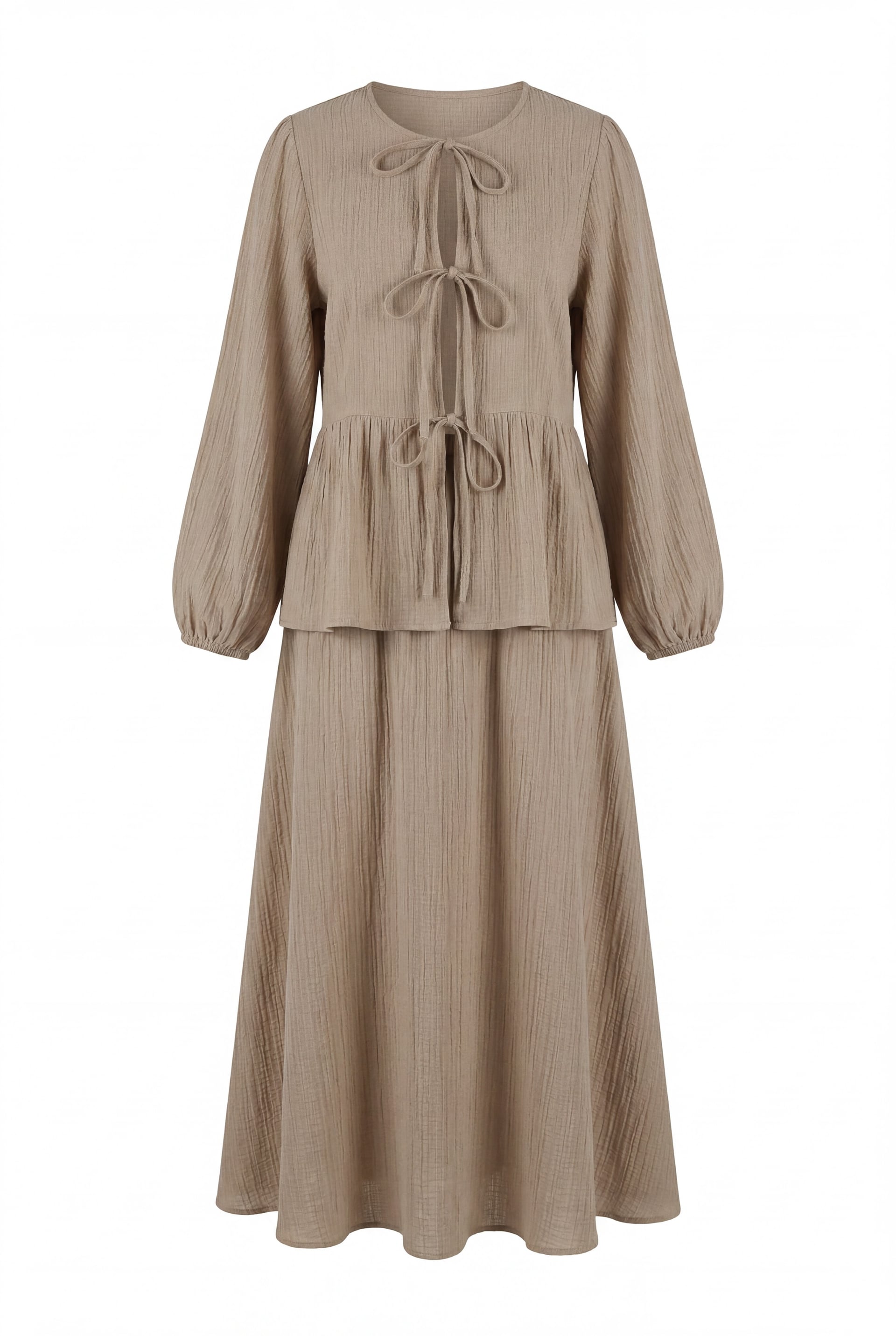 Tie-Front Long-Sleeve Crinkle Blouse and Skirt Set - Mink - Podyumplus - by Peralane - photo 5