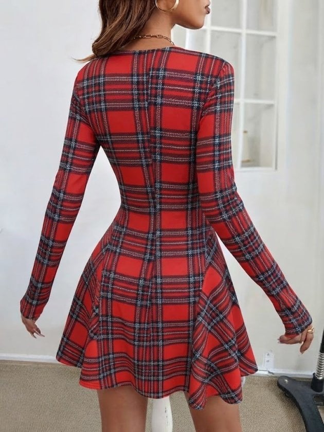 Women's Long Sleeve Crew Neck Short Modal Dress in Red Black White Plaid - Janes - by Peralane - photo 5
