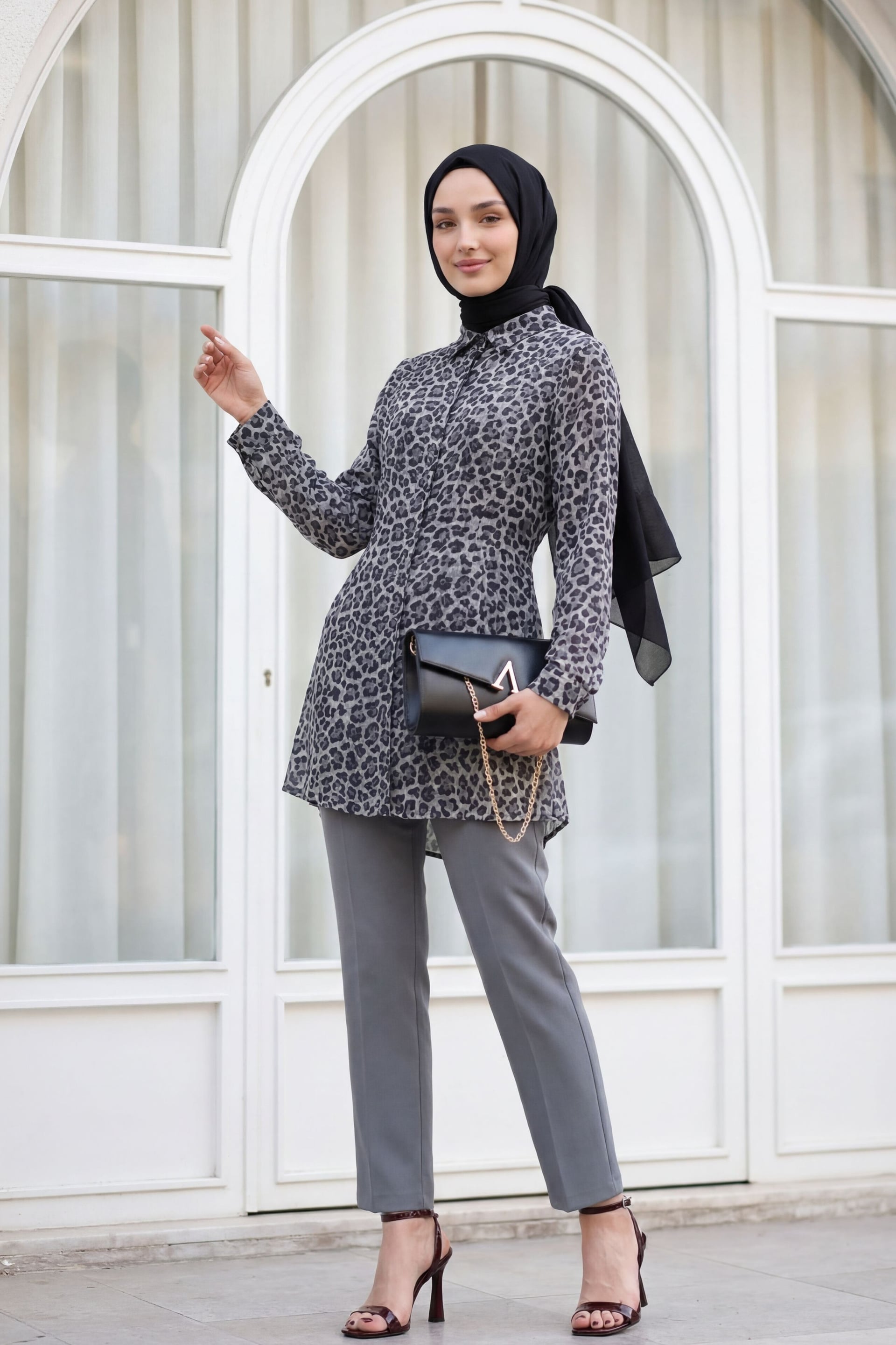 Leopard Print Buttoned Oval Cut Tunic - Grey - Podyumplus - by Peralane - photo 5