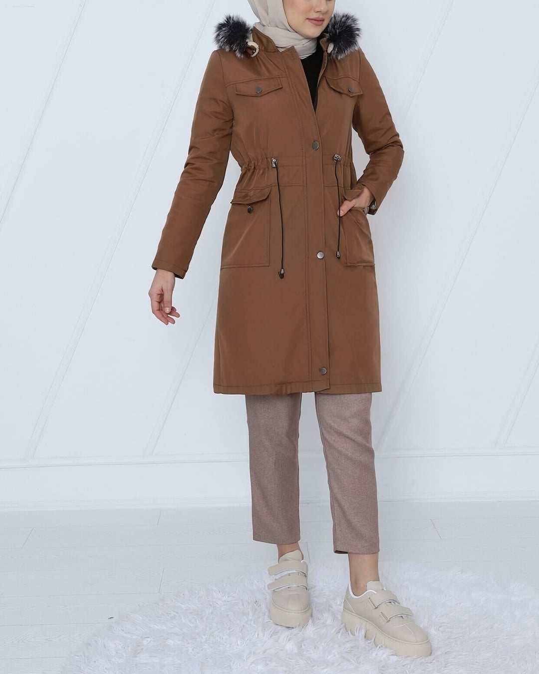 Women's Zip-Up Hooded Drawstring Short Coat - Tan - Podyumplus - by Peralane - photo 6