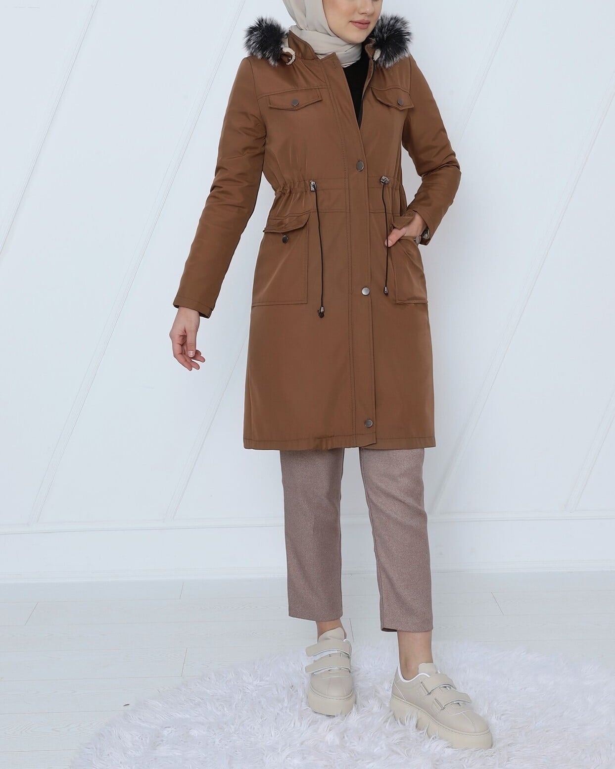 Women's Zip-Up Hooded Drawstring Short Coat - Tan - Podyumplus - by Peralane - photo 6