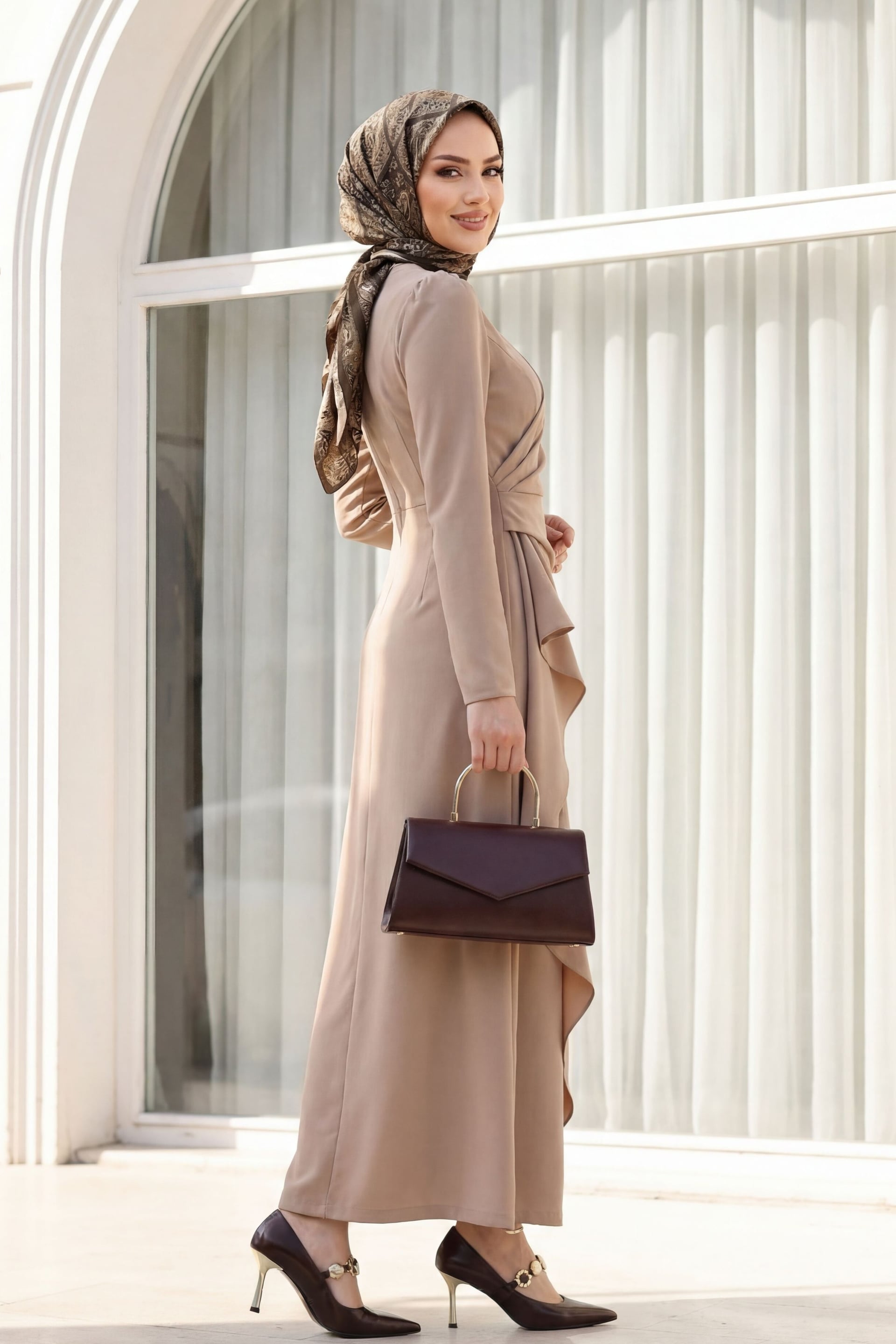 Beige Asymmetric Wrap Crepe Dress with Long Sleeves - Podyumplus - by Peralane - photo 3
