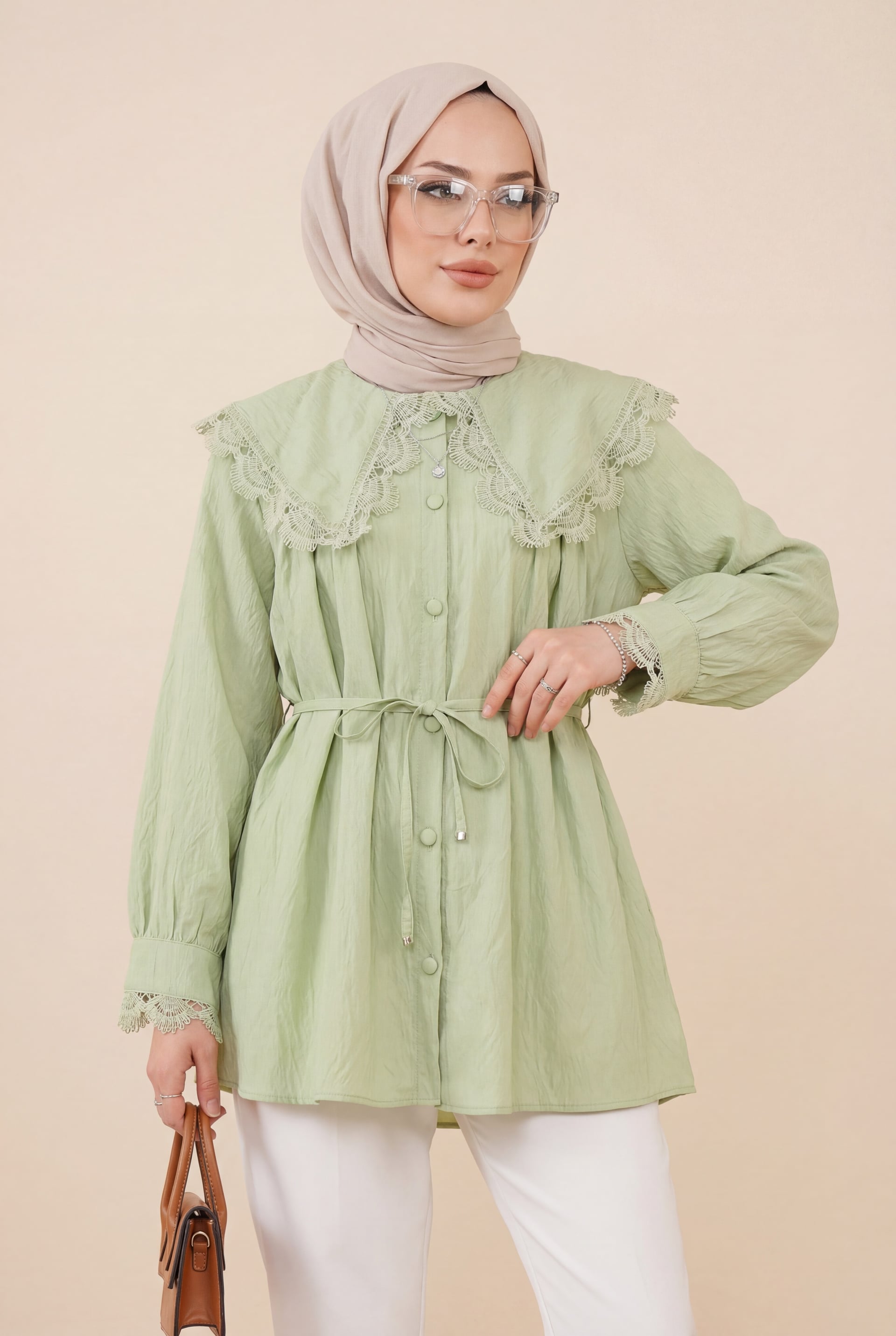 Baby Collar Lace Trim Tie Waist Modal Tunic - Light Green - Podyumplus - by Peralane - photo 4
