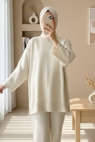 Cream Striped Knit Tunic with Trousers - Women's Two-Piece Set - Podyumplus - by Peralane