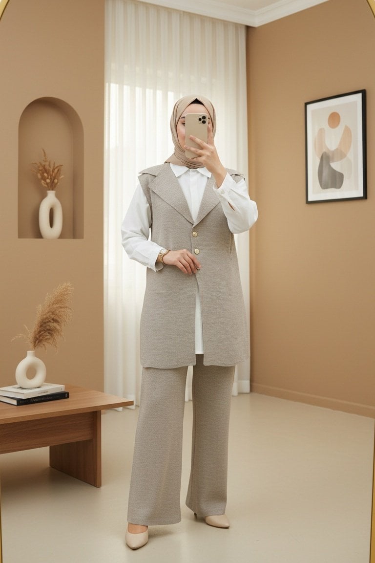 Buttoned V-Neck Vest and Wide-Leg Trouser Knit Co-Ord Set - Light Beige - Podyumplus - by Peralane