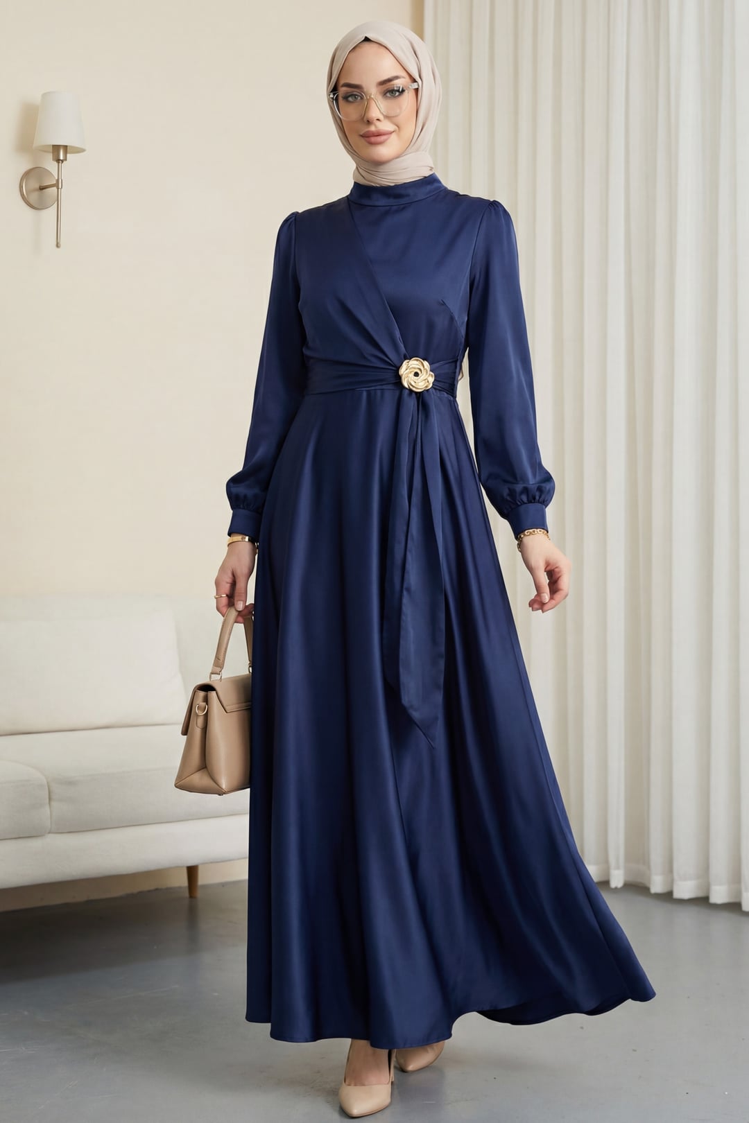 Navy Blue Side-Laced Satin Evening Dress with Belt Buckle - Podyumplus - by Peralane - photo 3