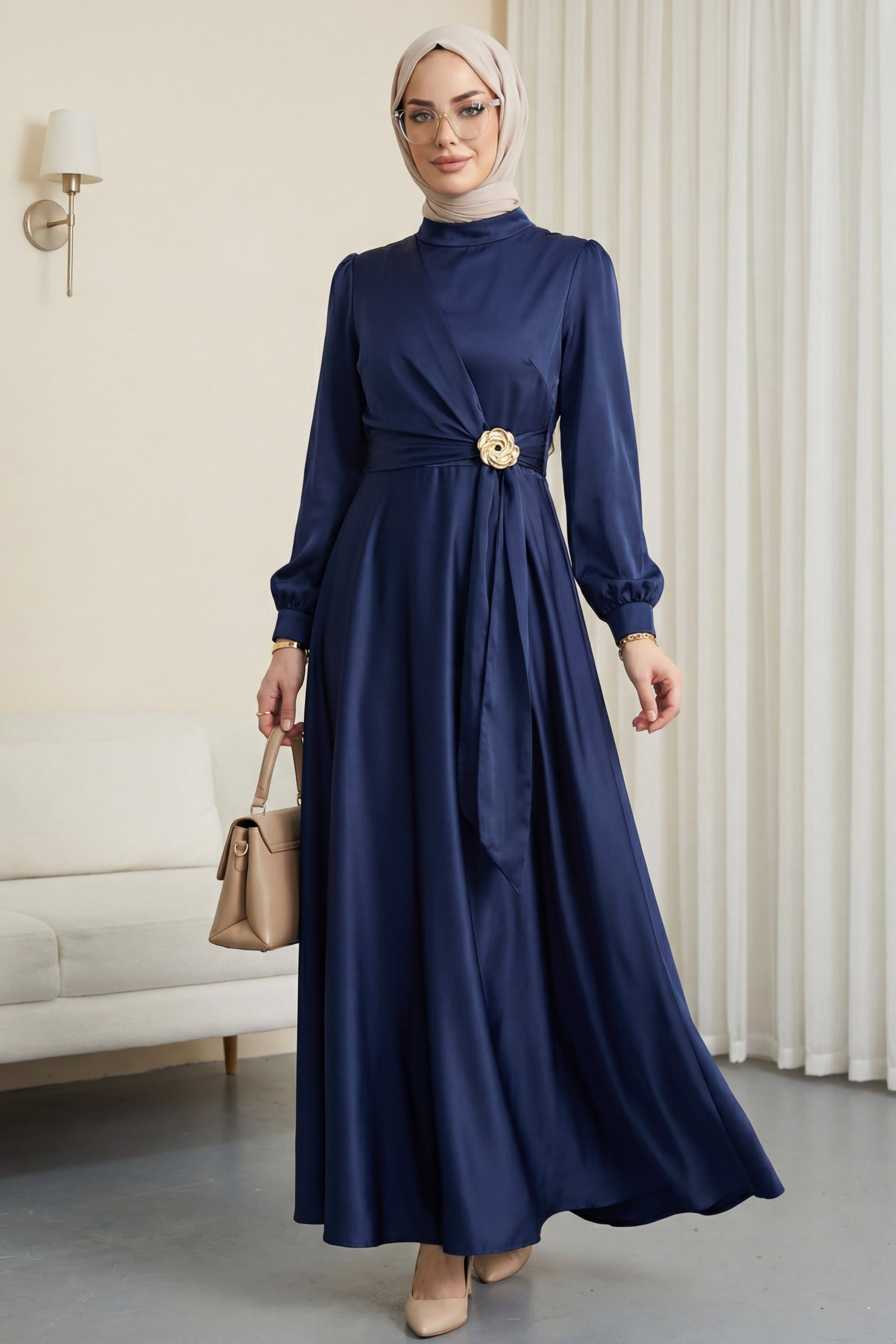 Navy Blue Side-Laced Satin Evening Dress with Belt Buckle - Podyumplus - by Peralane - photo 3
