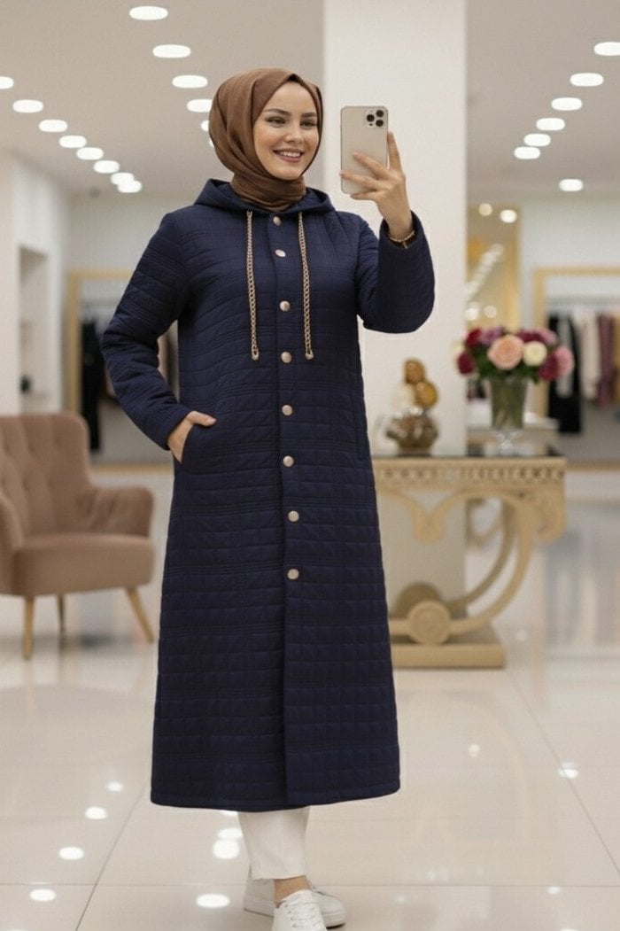 Navy Blue Quilted Hooded Coat with Gold Chain Details - Podyumplus - by Peralane