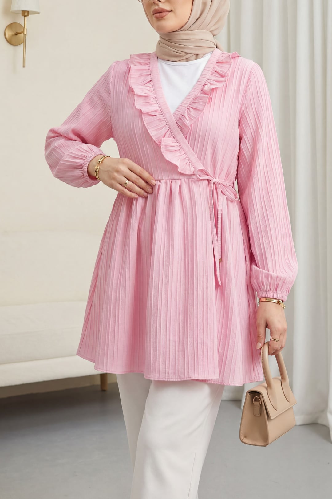 Ruffled Tie-Front Long-Sleeve Kimono - Powder Pink - Podyumplus - by Peralane