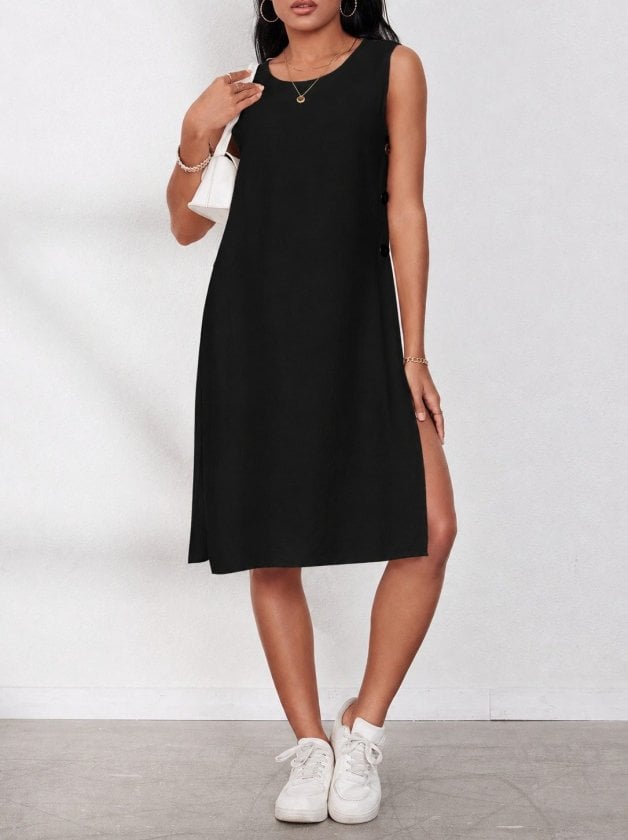 Women's Sleeveless Round Neck Side-Button Short Dress - Janes - by Peralane - photo 4