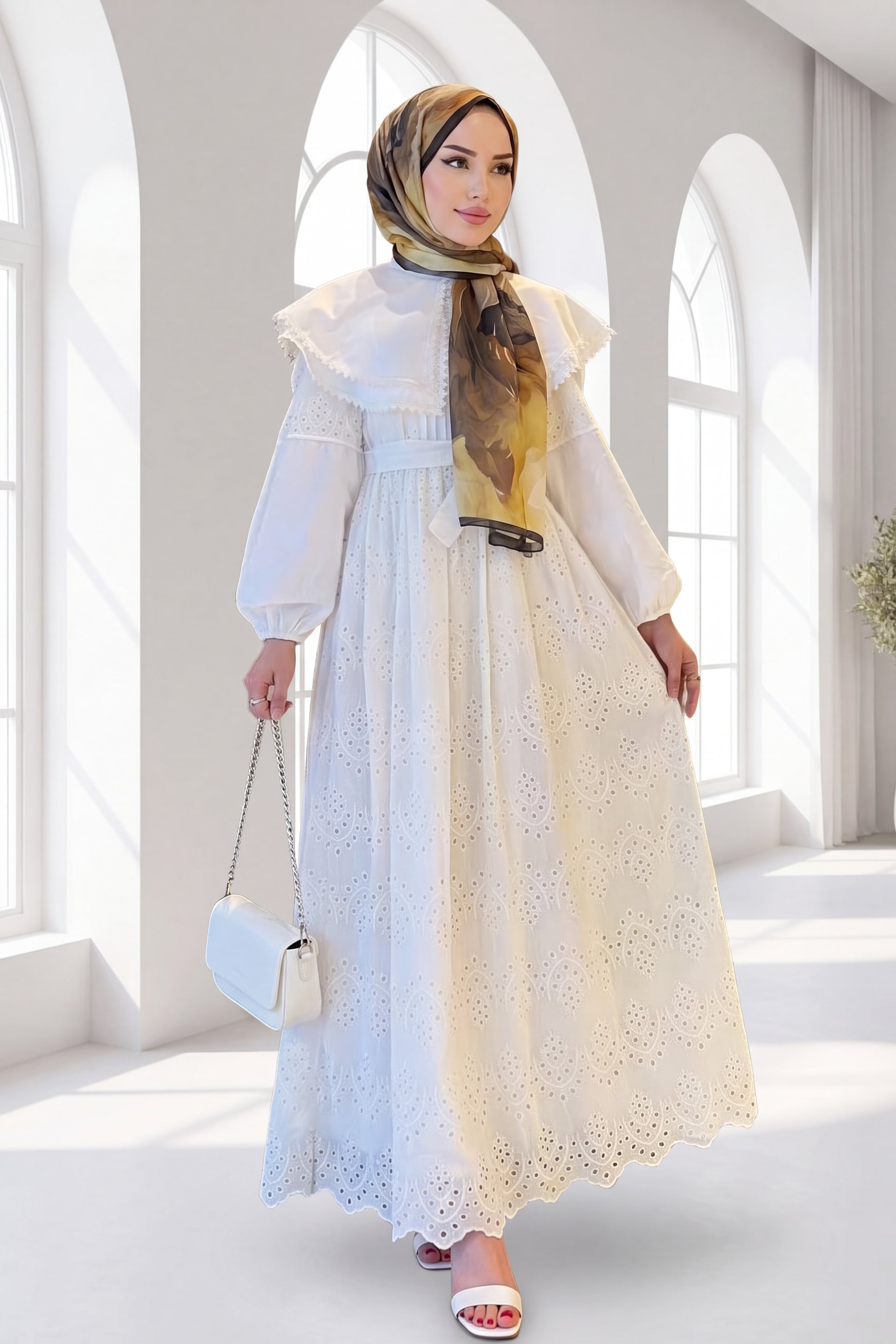 White Cape Collar Lace Detail Midi Dress - Podyumplus - by Peralane - photo 7