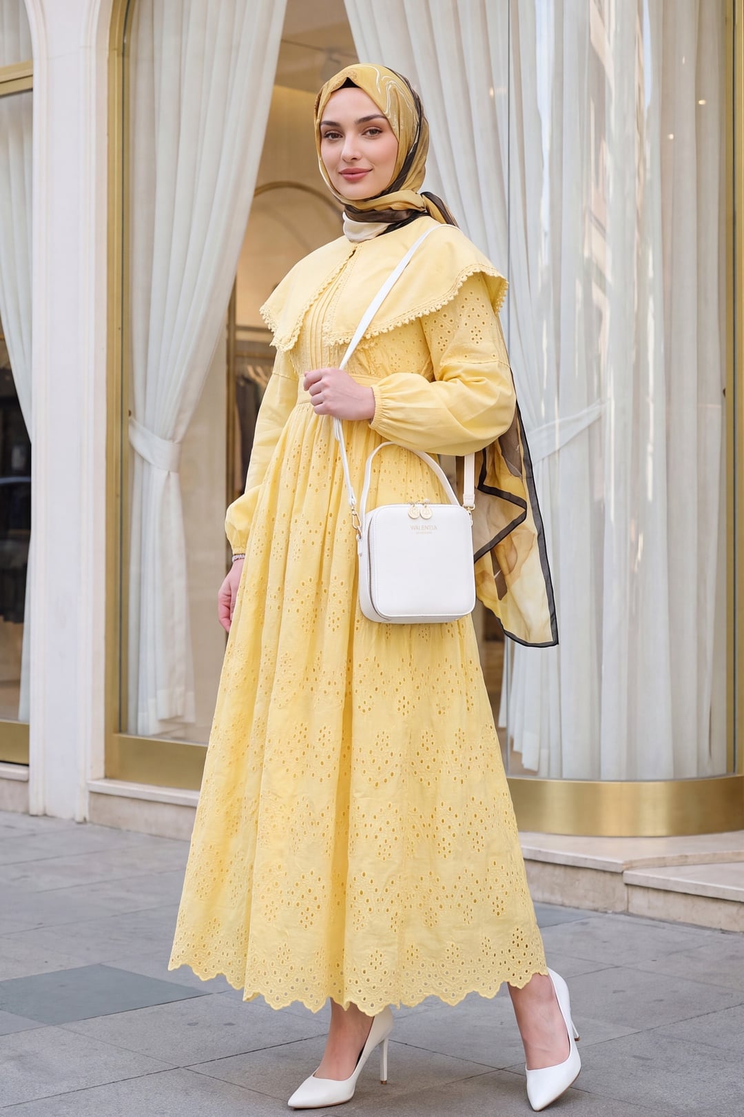Cape Collar Lace Detail Dress - Yellow - Podyumplus - by Peralane - photo 2