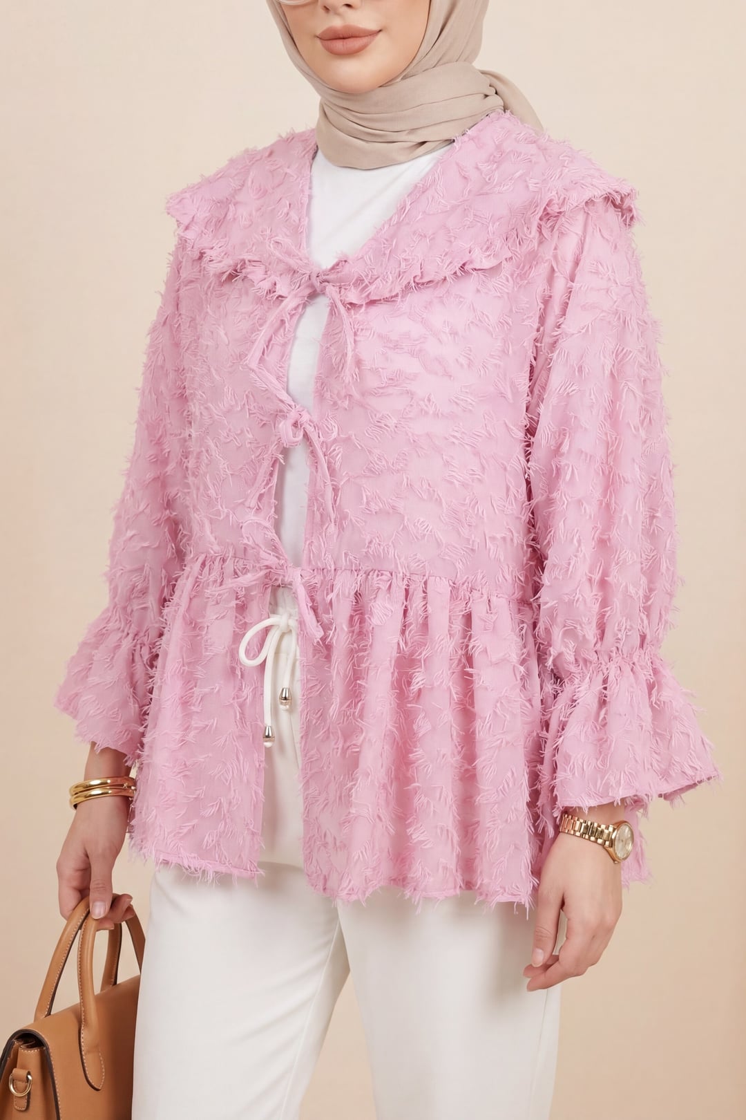Pink Lace-Up Textured Clip Jacquard Kimono - Podyumplus - by Peralane - photo 2