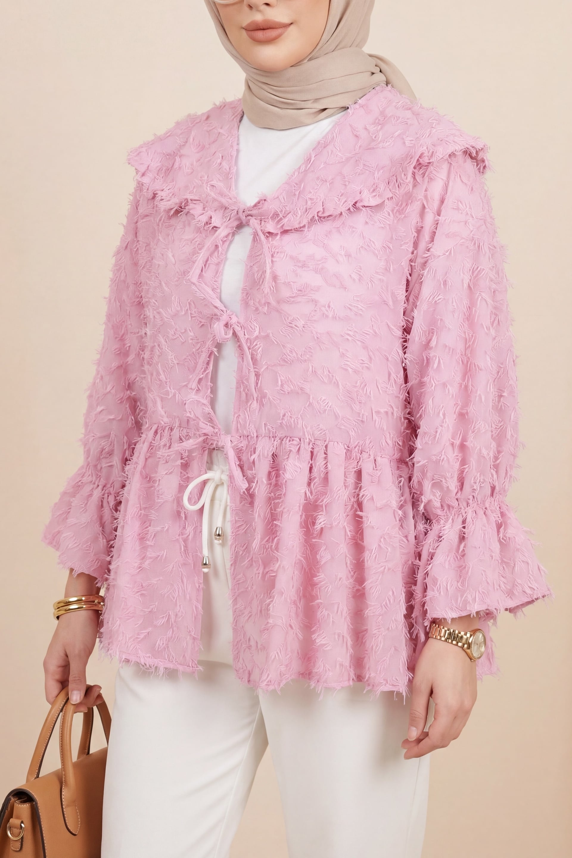 Pink Lace-Up Textured Clip Jacquard Kimono - Podyumplus - by Peralane - photo 2
