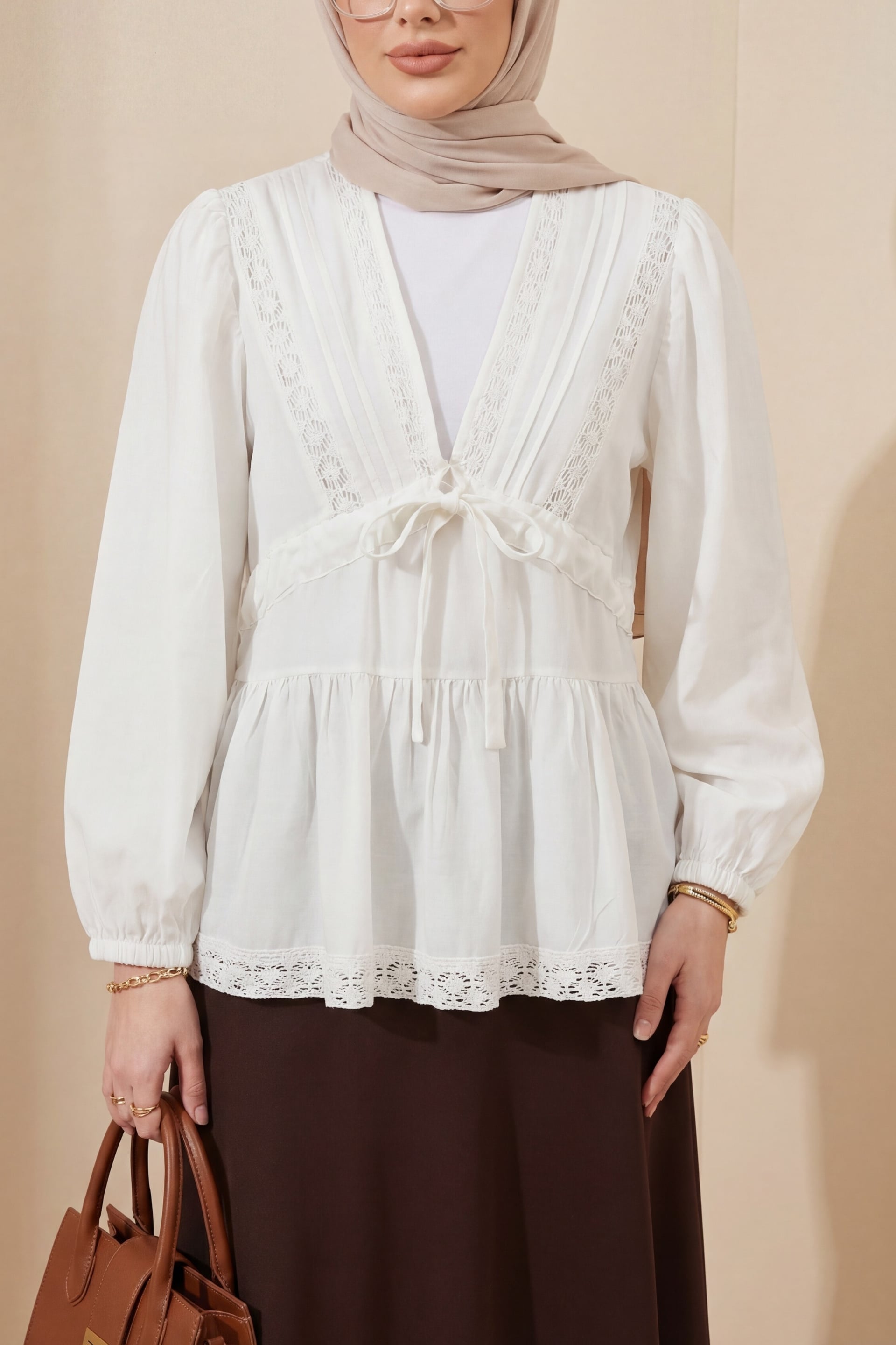 V-Neck Lace Trim Balloon Sleeve Viscose Blouse - White - Podyumplus - by Peralane - photo 3
