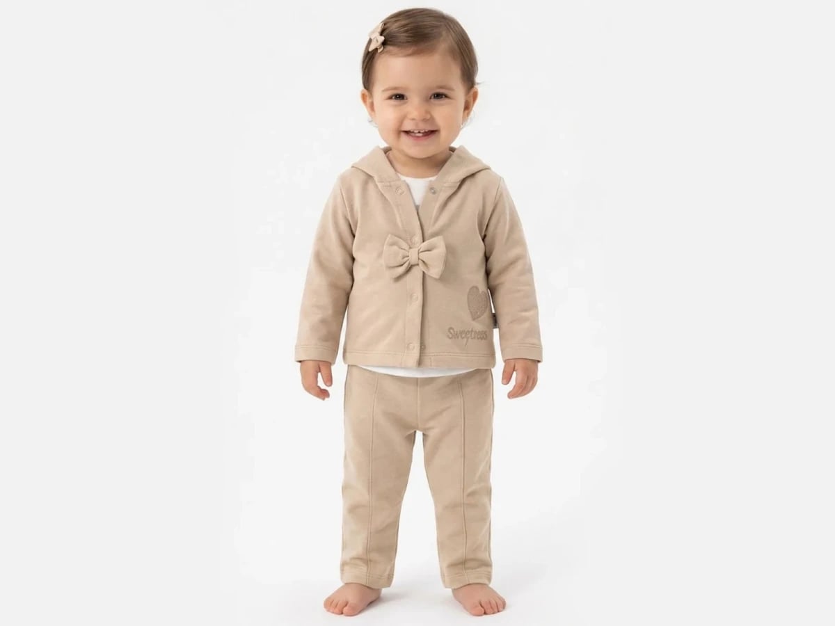 Baby Girl 4-Piece Hooded Jacket and Trousers Set with Heart Motif - Beige - Elci Baby - by Peralane