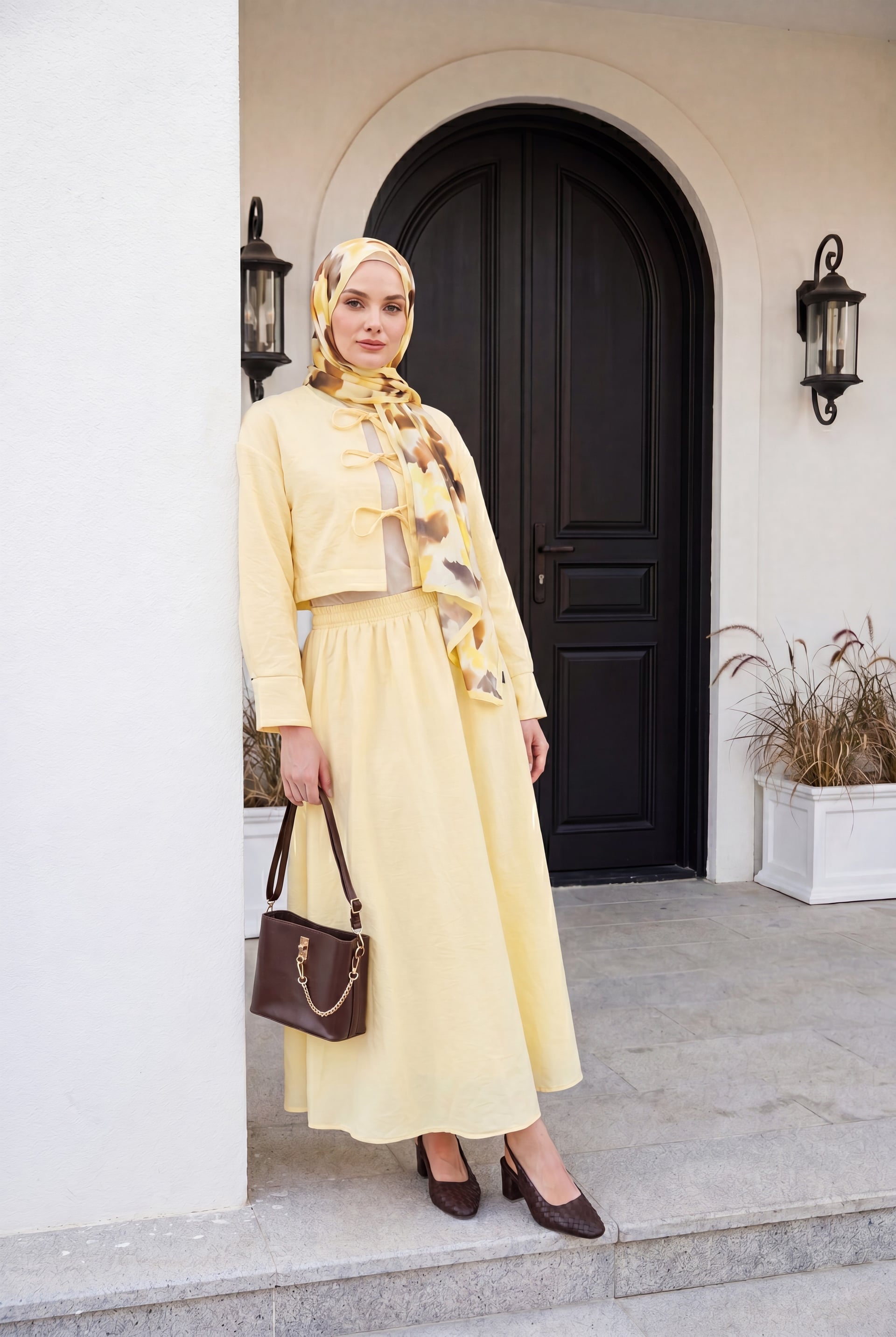Women's Linen Look Two-Piece Set with Lace-Up Front and Elastic Waist Skirt - Yellow - Podyumplus - by Peralane - photo 3