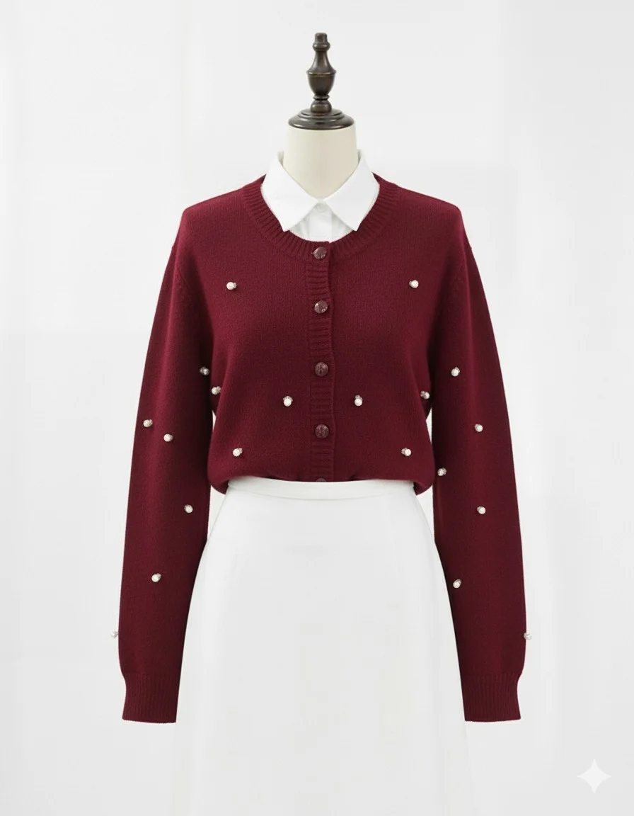 Buttoned Floral Detail Soft Cardigan - Maroon - Podyumplus - by Peralane - photo 8