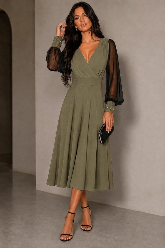 Women's Long Sleeve Wrap Midi Dress with Tulle and Beaded Cuffs - Janes - by Peralane