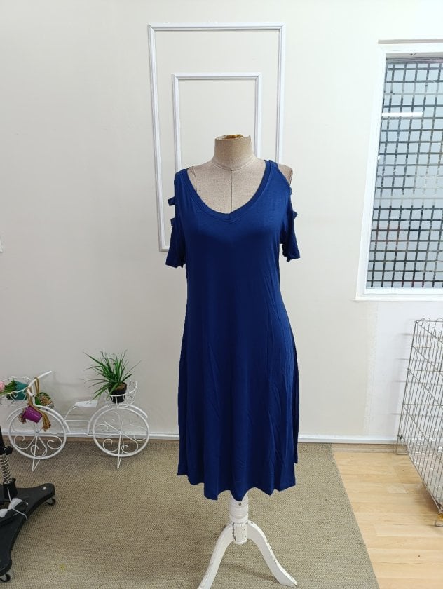 Women's Navy Blue Short-Sleeve V-Neck Midi Dress with Shoulder Cut-Outs - Janes - by Peralane