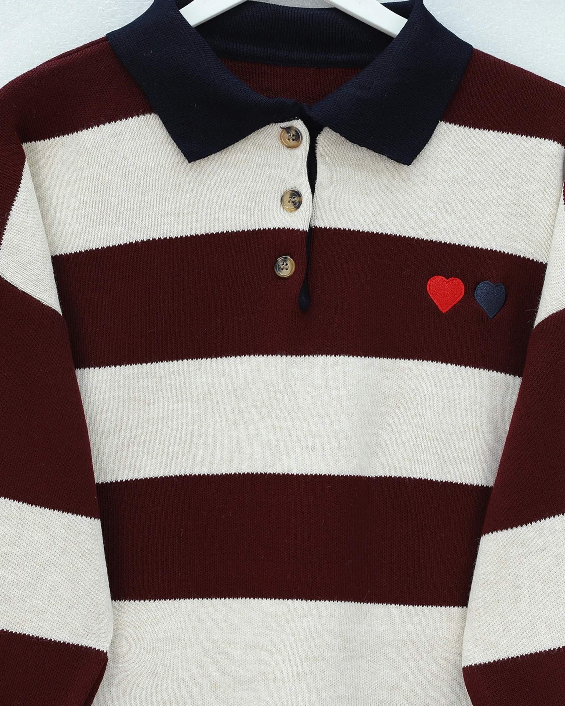 Burgundy Striped Knit Tunic with Heart Embroidery and Button Placket - Podyumplus - by Peralane - photo 5