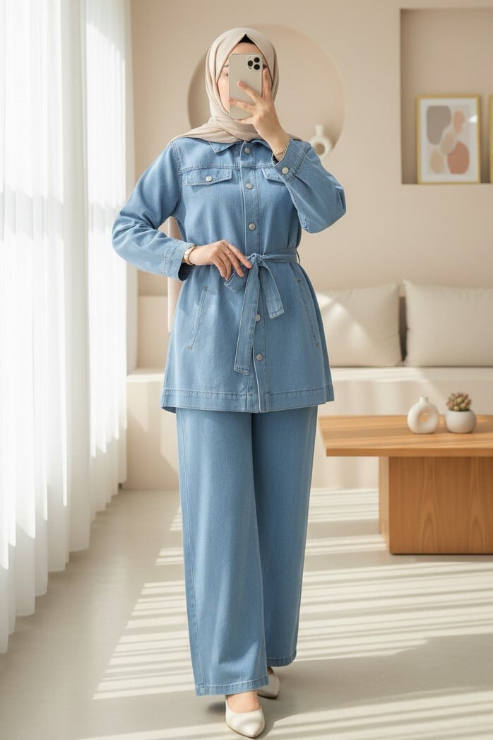 Denim Two-Piece Co-ord Set with Belted Waist and Pockets - Light Blue - Podyumplus - by Peralane